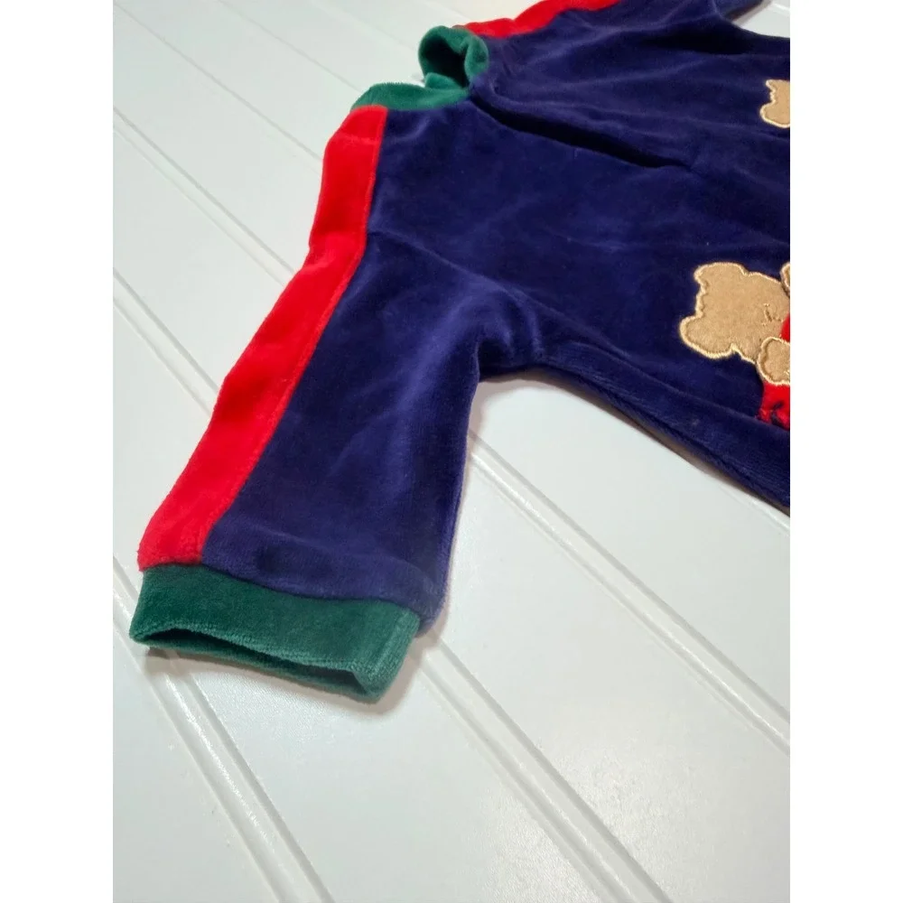 Little Me Vintage Baby Velour Footed Sleeper Navy Blue Bear Pockets 3-6 Months